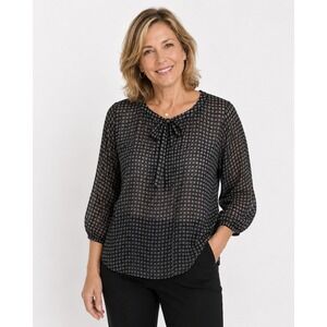 Graumann Silk Blouse M Black Grey Check Tie Neck‎ 3/4 Sleeve Sheer Career Chic